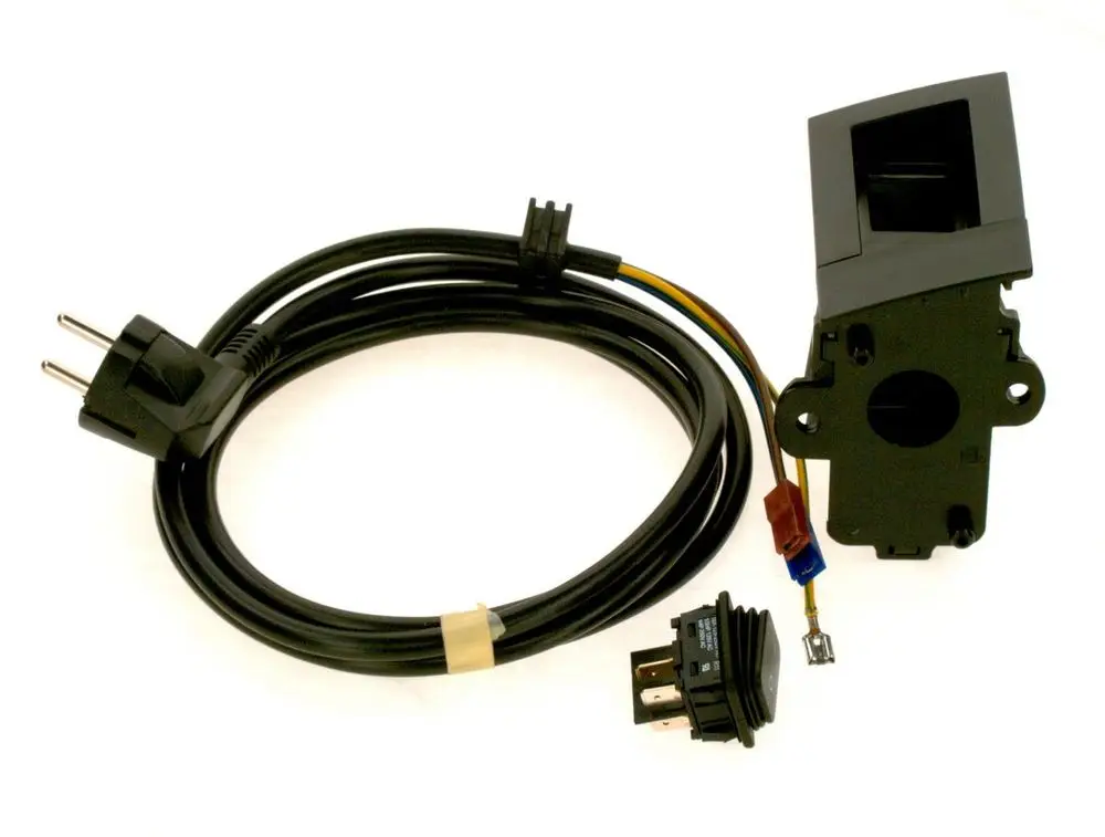 BOSCH Schaltkasten mit Anschlusskabel und Stecker, inklusive zweipoligem Schalter. Kabel sichtbar in Schwarz.